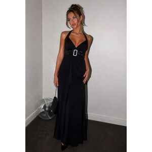 Vintage Y2K Taboo Black Halter Maxi Dress Sz L Whimsigoth 2000s Prom McBling